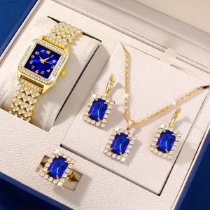 Moda 5 adet kol saati takı hediye seti kadın yüzük kolye küpe tam elmas saatler setleri rahat bayanlar Quartz saat - Product Image 4
