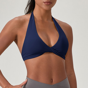 Women Halter Twist Front Deep V Sports Bra Removable Padded Backless Low Impact Yoga Bra Pilates Athletic Crop Top Wholesale - Product Image 1
