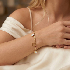 304 Stainless Steel 18K Gold Plated White Mother-of-Pearl Four-Leaf Clover Necklace <b>Bracelet</b> Anklet Women's Jewelry Set Gift - Product Image 4