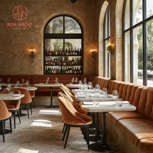 Restaurante de Lujo Retro de Estilo Toscana Francesa del Sur, Mesa de Mármol Natural y Sillas de Terciopelo Naranja con Asientos Tipo Cabina para Cafetería - Product Image 1