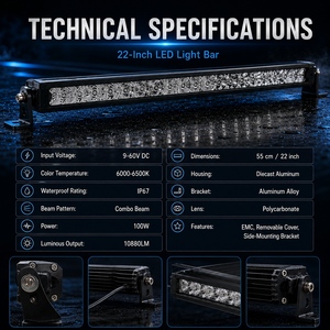 <span class=keywords><strong>Barre</strong></span> lumineuse <span class=keywords><strong>LED</strong></span> EMC 22 pouces 100W 10880LM IP67 étanche, faisceau combiné, mince, pour conduite tout-terrain et travail, avec supports de montage latéraux - Product Image 5