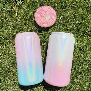 Verre en forme de canette de bière 15oz 16oz pour sublimation, effet holographique arc-en-ciel scintillant, avec couvercle en strass - Product Image 3