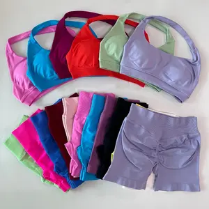 Ohne Logo 2-teiliges Set Damen Einfarbiger Nahtloser Yoga Workout Neckholder Sport-BH Geraffte Shorts Schnelltrocknende Fitness Sportbekleidung - Product Image 2