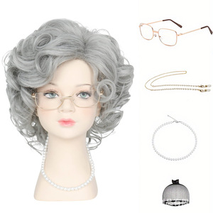 Nueva Peluca Corta y Rizada para Mujer Estilo Europeo Americano, Base de Encaje Natural, Fibra Sintética, Gorro Pequeño, Color <span class=keywords><strong>Gris</strong></span> Plateado, Peluca para Mamá - Product Image 5