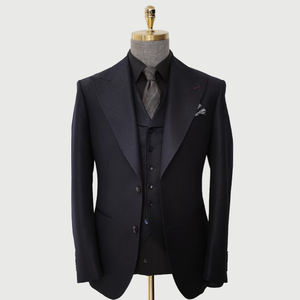 Veste de Costume <span class=keywords><strong>Homme</strong></span> Haut de Gamme <span class=keywords><strong>Bleu</strong></span> <span class=keywords><strong>Marine</strong></span> à Revers Pointus Rayée en Laine – Tissu en Laine Premium Coupe Slim <span class=keywords><strong>Blazer</strong></span> Formel d'Affaires - Product Image 2