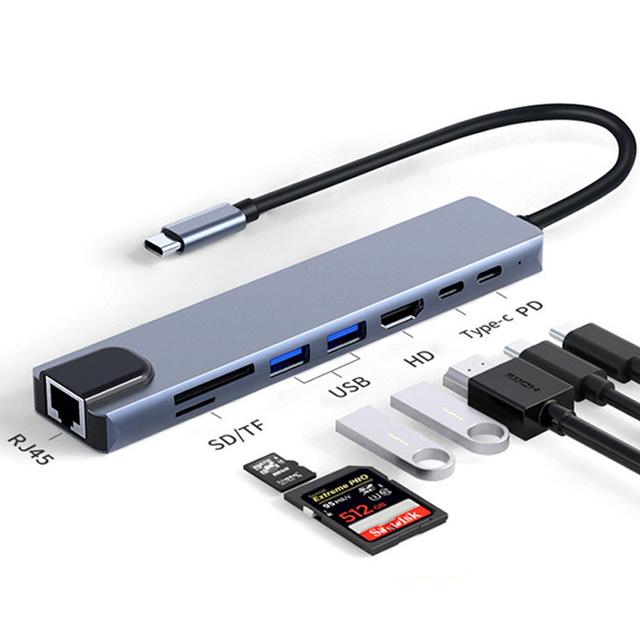 Hot Sale 4K HDTV USB2.0 USB3.0 PD Type C SD&TF RJ45 8 Ports Multi-interface USB Hubs for Laptop