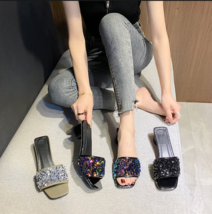 Nouvelles sandales de plage à talons épais à paillettes, style décontracté et polyvalent, bout carré, talons hauts pour femmes 8899 - Product Image 2