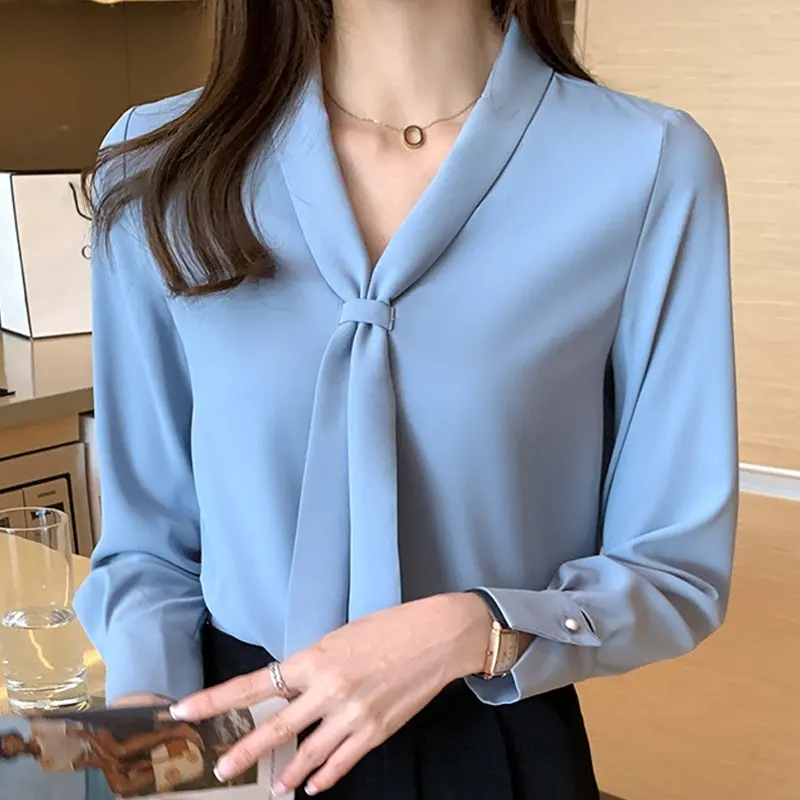 Long Sleeve Chiffon Blouse Shirt Women Blusas Mujer De Moda 2022 Bow V-Neck Office Lady Tops Women Blouses 8306#