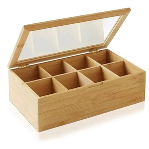 Bamboo <b>Tea</b> <b>Box</b> With Compartments Flip Top Desktop Organizer Natural Wood Color Rectangle Shape Covered Storage Case - Product Image 5