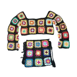 Women Boho Floral Embroidery Crochet Knit Beachwear Colorful Grandma Square Bikini Set Long Sleeve Cover UP Beach Mini Skirt