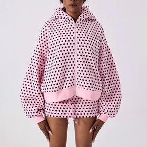 Custom <b>Pink</b> Polka Dot Sustainable Premium Fleece-backed Cotton Blend Relaxed Fit Two Pieces Track Suit for Women - Product Image 1