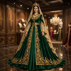 Robe de bal en velours émeraude avec broderie dorée, traîne cathédrale, décolleté cœur, manches longues, longueur ras du sol, coupe naturelle, pour femme enceinte, style vintage - Product Image 3