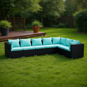 Set Lounge da Giardino in Rattan Nero con Telaio in Acciaio Verniciato a Polvere, 6 Posti, Arredamento da Esterno dal Design Contemporaneo - Product Image 2