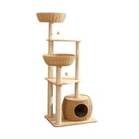 PAIPET Arbre à chat en osier sur mesure, multi-niveaux, sur pied, avec base en bois, style mignon, gamelle en acrylique, poteaux en sisal et panier en osier