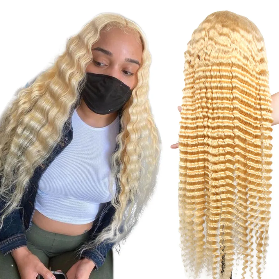 13x4 13x6 180% Density 40 30 Inch Virgin 613 Peruvian Deep Wave Wig Honey Color Wig Blonde Full 613 Deep Wave Lace Frontal Wig