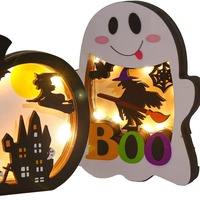 Décoration de table lumineuse LED en bois pour Halloween, fantôme et citrouille, pour la maison, la table de dîner, les fêtes, la décoration de bureau, vente en gros
