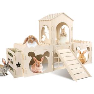 Büyük ahşap tavşan saklanma Bunny kale ayrılabilir saman besleyici ve rampa ile tavşanlar için kapalı küçük hayvan evi Habitat - Product Image 1