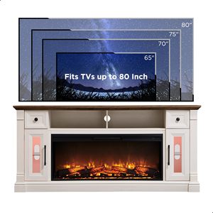 Mueble de TV SENYU de madera blanca con chimenea eléctrica y gabinete de almacenamiento para sala de estar, apto para televisores de 65 pulgadas o más. - Product Image 4