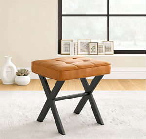 Taburete Moderno Tapizado Cuadrado de Cuero PU con Patas en X de Metal Negro, Banco Otomano Acolchado para Dormitorio, Sala de Maquillaje o Vestidor - Product Image 1