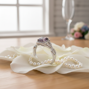 Rodiato placcato Asscher taglio colore viola CZ anelli a grappolo di fidanzamento taglia 5 con intarsio di perle pietra principale platino materiale - Product Image 3