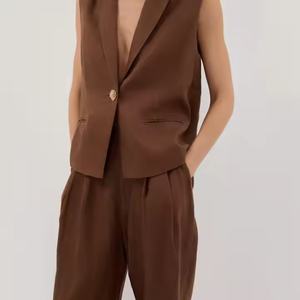 Conjunto Casual de Lino para Mujer, Nueva Llegada OEM, Top Corto sin Mangas y Pantalón de Pierna Ancha, 100% Lino - Product Image 3