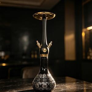 Black Glass <b>Hookah</b> with Gold Tone Metal Finish Double Hose Water <b>Pipe</b> for Lounge Bar Display - Product Image 3