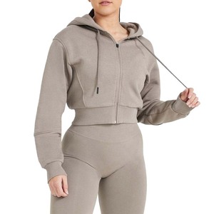 Wholesale Custom Logo Blank Full Zip up <strong>Drawstring</strong> Soft Fleece Oversized Cropped <strong>Top</strong> Women's Hoodie - Product Image 1