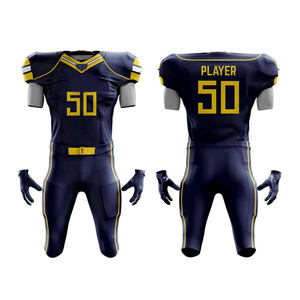 Ensemble de maillots de football américain personnalisés pour hommes, sublimés, col en V, manches courtes, bleu foncé, jaune, numéro de joueur 50 - Product Image 1
