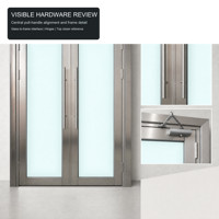 Porte d'urgence en acier inoxydable gris argenté à double battant avec verre ignifuge et ferme-porte automatique, design moderne pour projets commerciaux
