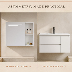 Meuble-lavabo mural blanc en aluminium alvéolé avec miroir LED, <span class=keywords><strong>rangement</strong></span> latéral, vasque et tiroirs, et lavabo en céramique - Product Image 4