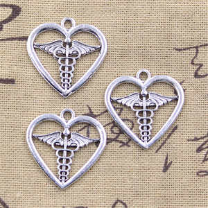 Breloques <span class=keywords><strong>Cœur</strong></span> <span class=keywords><strong>Symbole</strong></span> Médical Caducée 25x25mm, Fabrication Artisanale, Pendentifs Vintage Couleur Argent Tibétain, DIY pour Bracelet et Collier - Product Image 4