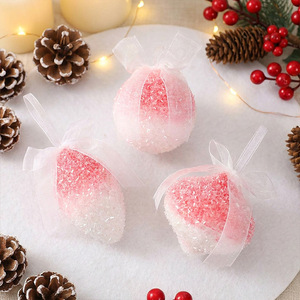 Pink White Gradient <b>Flocked</b> <b>Christmas</b> Bauble Ornament With Sheer Mesh Bow Pastel Xmas <b>Tree</b> Hanging Pendant Decor - Product Image 3