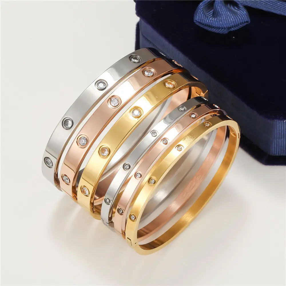 SSB009 Fashion Stainless Steel Bracelet 3 Colors Thin Jewelry Trendy Bezel Diamond Designer Bangle for Women