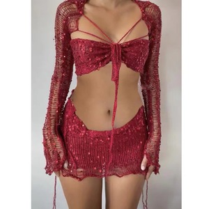 Yaz Y2K tığ kadın 3-Piece kıyafet seti katı desen uzun kollu kırpma üst seksi Mini etek Halter gece elbisesi - Product Image 3