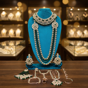 Traditional Heavy Rose Gold Bridal <b>Accessories</b> Set Red Crystal Choker Long Haram Necklace Set with Gemstone Drops - Product Image 3