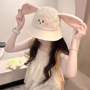 Sombrero de Pescador Gulu Rabbit, Diseño a Cuadros Rosa con Orejas de Conejo, Protección Solar, Primavera Verano, Casual, para Mujer, Lona - Product Image 1