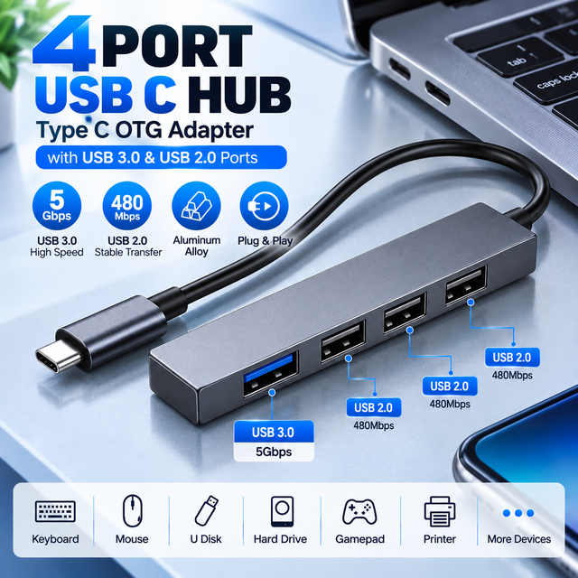 4 Port USB C Hub Type C OTG Adapter with USB 3.0 USB 2.0 Ports Aluminum Alloy Multiport USB Splitter for Laptop Computer