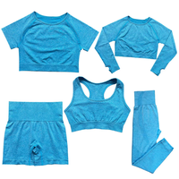 Ensemble de sport OEM 5 pièces Fiess : Leggings taille haute sans couture, short cycliste, brassière de sport et haut court élastique