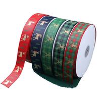 Ruban gros-grain de Noël en gros, ruban imprimé à carreaux avec rennes dorés pour emballage cadeau et décoration
