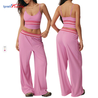 Ensemble de yoga 2 pièces pour femme, color block rayé, séchage rapide, haut et pantalon large, coupe ample, tenue de sport athlétique