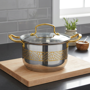 Casserole en acier inoxydable avec motif doré et couvercle en verre, design moderne et luxueux, durable, pour cuisinière à gaz et à induction - Product Image 5