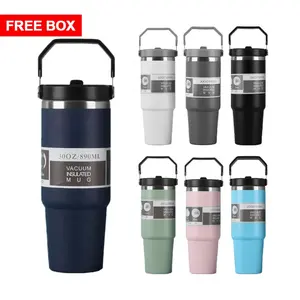 Sedotan lipat portabel 20oz 30oz, tumbler cangkir kopi perjalanan terisolasi sedotan flip baja tahan karat tahan bocor luar ruangan dengan pegangan