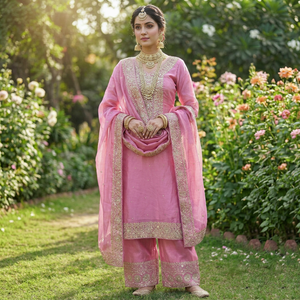 Ensemble Kurta et pantalon en soie rose avec dupatta, tenue traditionnelle indienne et pakistanaise pour mariage, longueur cheville, coupe classique pour femme - Product Image 1