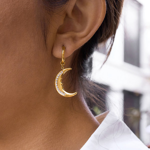 <b>Moon</b> Drop <b>Earrings</b> 18K Gold Plated Stainless Steel White Rhinestone Channel Setting Fashion Jewelry - Product Image 2