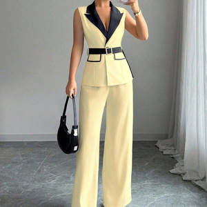 Mehrfarbiges Block-Design Ärmelloses & Kurzärmeliges Oberteil 2-Teiliges Outfit-Set, Weite Hose mit Gürtel S-XL - Product Image 6