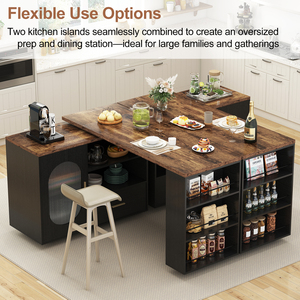 Îlot de cuisine extensible avec plan de travail en bois foncé, armoire frontale en verre noir, étagères de rangement et roulettes - Product Image 1