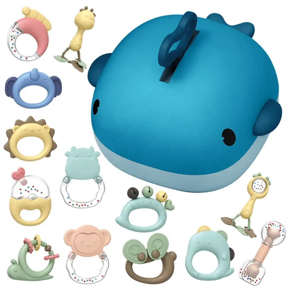Baby puzzle teething toys for 0-1 year old hand bell whale baby teething silicone teether