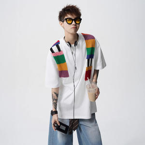 Design Sense Rainbow Knitted Beaded Vintage Breathable Short Sleeve <b>T</b>-<b>Shirt</b> Men Summer American Heavyweight Trendy Loose Couple - Product Image 3