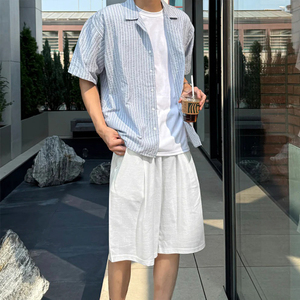 <span class=keywords><strong>Camicia</strong></span> Estiva di Alta Qualità con Colletto Cubano, Vestibilità Oversize, Traspirante, a Righe, in Tessuto <span class=keywords><strong>Seersucker</strong></span> Naturale - Product Image 3