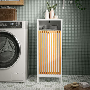 Modern MDF bathroom storage <b>cabinet</b> with narrow floor and <b>laundry</b> basket for small spaces. Storage in small apartments. - Product Image 2